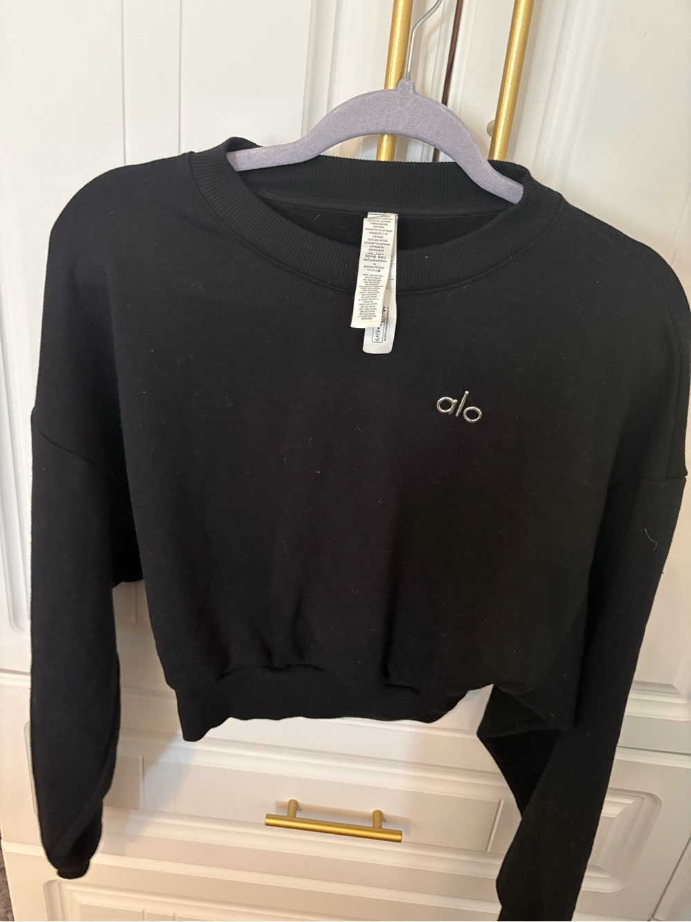 ALO Yoga Black Cropped Crew Sweatshirt with Silver Logo